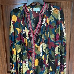 TAJ by Sabrina Crippa Ari Blouse Colorful Leaves Print Sequins Size Med